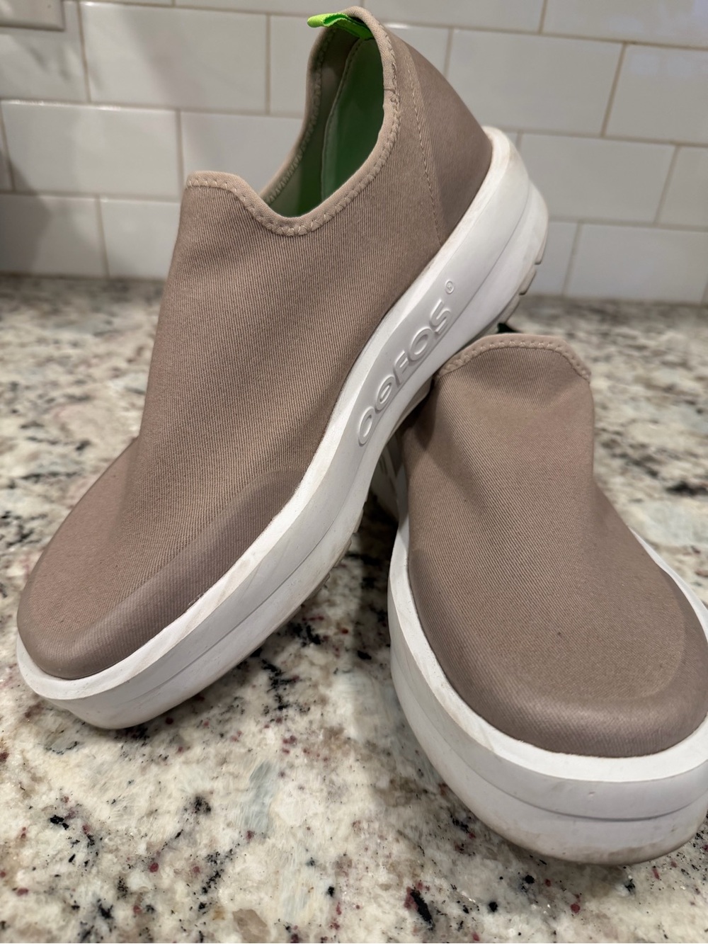 OOFOS Slip-On Sneakers in Taupe with White Sole
